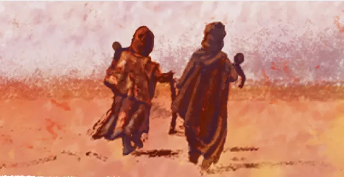 drawing of people migrating in desertic landscape