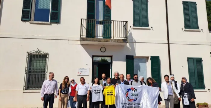 CAB.TER.RA Cooperative President Fabrizio Galavotti and Stefano Patrizi, Head of Agri-food Sector at Legacoop Romagna, hosted the Palestinian delegation during their visit to Italy. Ravenna, Italy 8 May 2025.