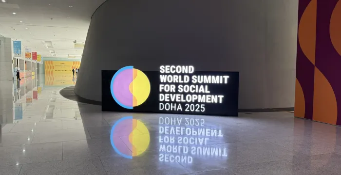 Second World Summit for Social Development banner at the Qatar National Convention Centre