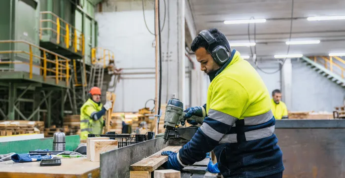Carpenter wearing safety equipment, assembling wooden pallets in a recycling plant 