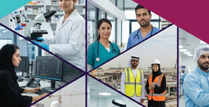People appear in pictures in triangle shapes. One women in a laboratory coat smile while holding a microscope, a male and female nurse, a women wearing a black traditional Arab robe, a man and a women in a construction site, a man wearing traditional white Arab costume working in a laboratory.  