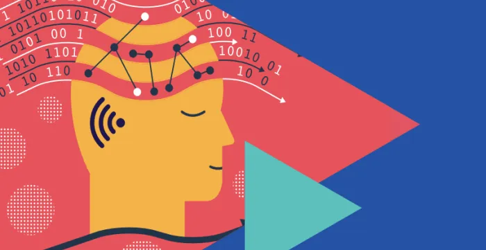 Abstract picture of a human head with binary numbers emerging from the top, blue background with a large red triangle and a smaller green trinagle.