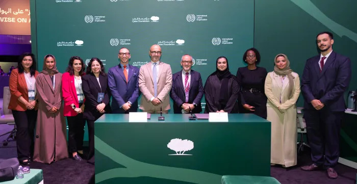 ILO and QF team taking a group photo during the signing of a Memorandum of Understanding between QF and the ILO during the recent WISE 12 Summit in Doha, hosted by QF’s global education initiative WISE. Doha, Qatar November 2025