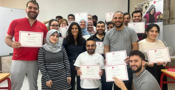 Participants celebrate completing the Career Preparedness Training with their certificates. Beirut, Lebanon. November 2025