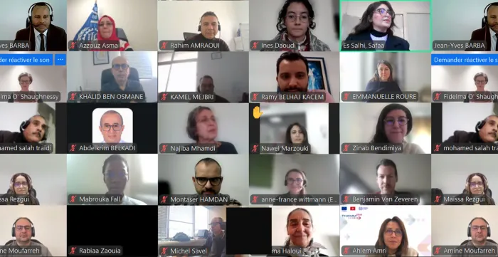 Capture d’écran d’un webinaire en ligne réunissant plusieurs participantes et participants, présentant des expert·e·s et partenaires du projet régional Youth NEET – UE/OIT discutant du rôle des Écoles de la deuxième chance (E2C) dans l’insertion des jeunes.