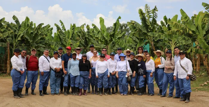 Grupo de 27 personas, compuesto por 13 mujeres y 14 hombres, posan para una foto con las palmas de banano de fondo. La mayoría se encuentra usando gorras o sombreros de ala ancha y todos portan pantalones azules y botas negras de caucho.