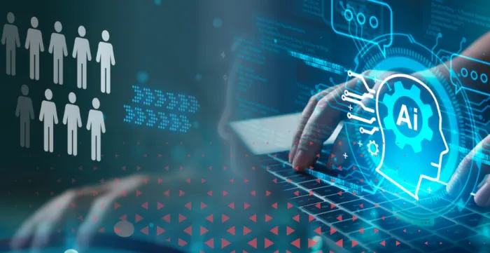 Abstract digital illustration showing hands typing on a laptop keyboard with an AI icon and data interface overlays. Human figure icons and binary-style graphics appear in the background, symbolizing artificial intelligence, digital technologies and the future of work.