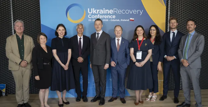 Representatives of the ILO and international partners at the launch of the Decent Work Country Programme for Ukraine 2026–2029, Gdańsk, Poland, Ukraine recovery Conference 2026