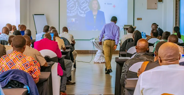 Participants watch an ILO video on the Worst Forms of Child Labour during the Responsible Business Conduct (RBC) training workshop.