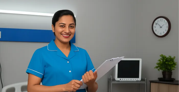 A nurse wearing a blue uniform smiles while holding a clipboard in a healthcare facility.