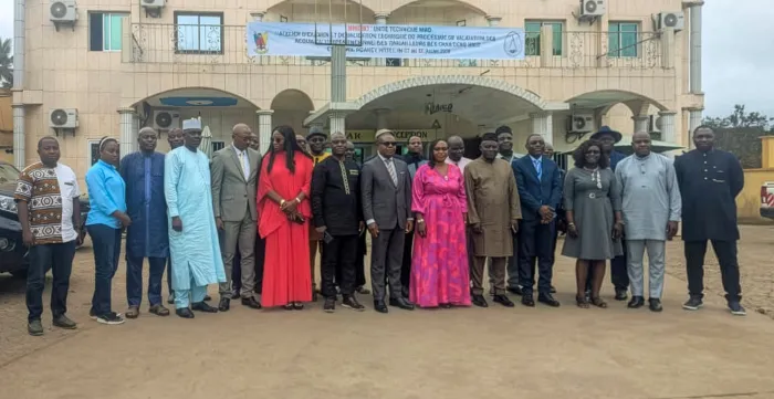 Workshop participants stand together for a group photo outside the venue hosting the technical review and validation workshop on the RPL framework in Ebolowa, Cameroon.