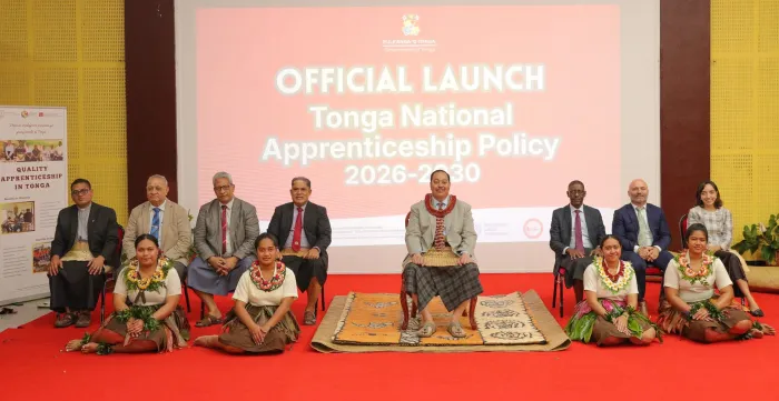 A group of people poses at the official launch of Tonga’s National Apprenticeship Policy 2026–2030.