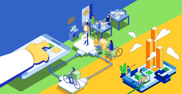 Illustration de l’écosystème de l’économie des plateformes montrant des travailleurs, des entreprises et des clients reliés par des plateformes numériques, avec des services de livraison, de restauration, de travail à distance et d’analyse de données.