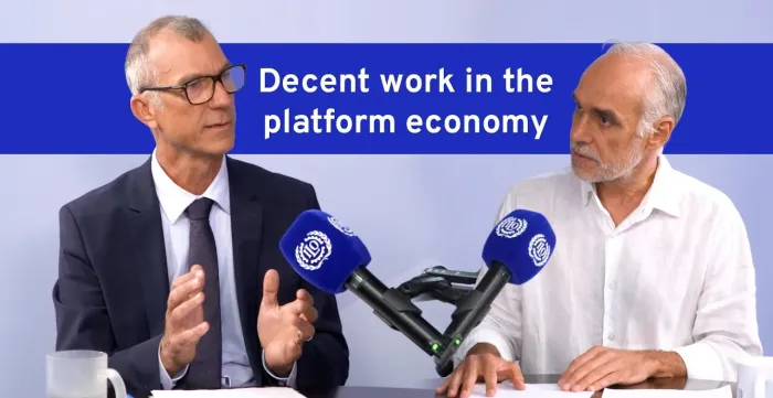 Guest Patrick Belser and host Ibon Villelabeitia converse during podcast recording. On-screen text graphics read "Decent work in the platform economy".