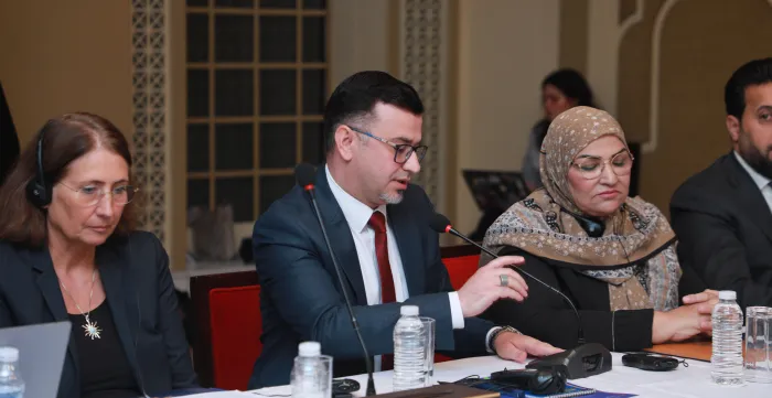 Khalid Amjad Al-Saegh, Deputy Minister of Labour and Social Affairs and Deputy Chair of the Social Dialogue Forum, delivers his remarks during the dialogue session on labour legislation. Baghdad, Iraq, 3 September 2026. 