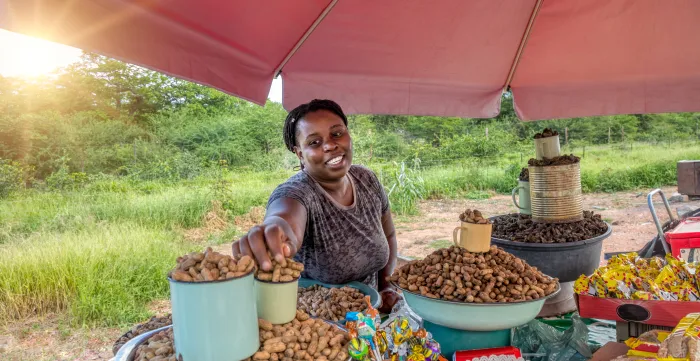 A smiling woman sells peanuts at an outdoor stall with lush green fields in the background