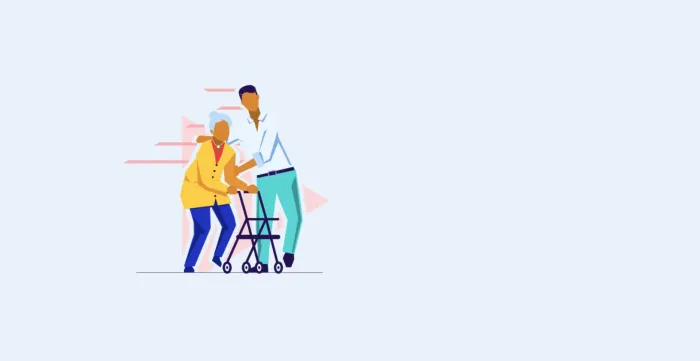 Illustration depicting a care worker providing care to an older woman.