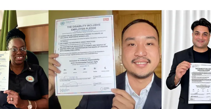 A side-by-side collage of three photographs, each showing a different professional smiling and holding up a signed document titled "THE DISABILITY INCLUSIVE EMPLOYER PLEDGE" to the camera