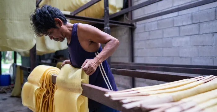 Phong, a worker in eastern Thailand, dried rubber sheets and prepared them for sale. The sheets are stacked in neat piles in a shed, awaiting collection by a trader.