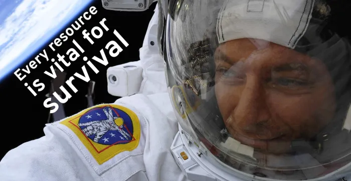 Astronaut David Saint-Jacques in space suit looking left to earth, text on image reads "Every resource is vital for survival".