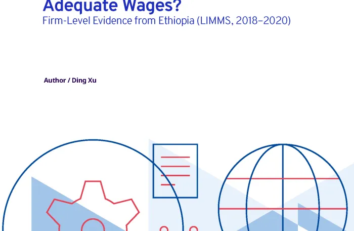 Cover page with ILO logo, publication details and abstract geometric illustrations of gears, charts, and documents in blue and red tones