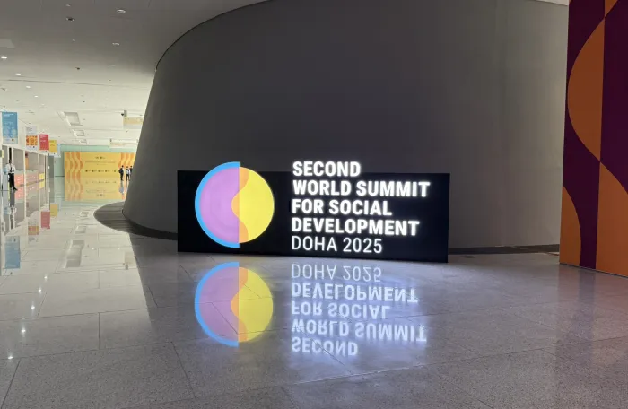 Second World Summit for Social Development banner at the Qatar National Convention Centre