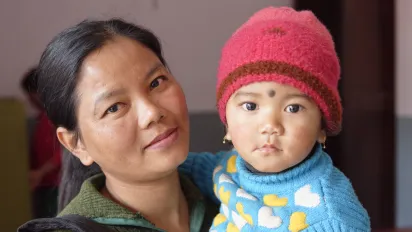 A woman and her child at the Employment Services Centre in Saurav, Nepal.