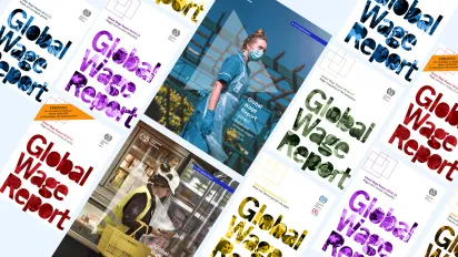 Multiple copies from the Global Wage Report are shown diagonally