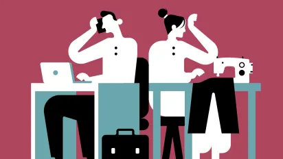 Ilustración de un hombre en un escritorio con un computador y un portafolio contrapuesto a una mujer que está cosiendo un pantalón esto para reflejar las brechas de género