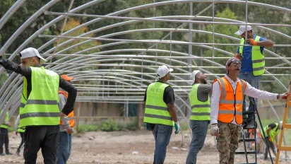 Workers planting seasonal corps in one of the installed hydroponic systems under the implementation agreement with Mu’ath bin Jabal Municipality, Irbid, Jordan|28/05/2024