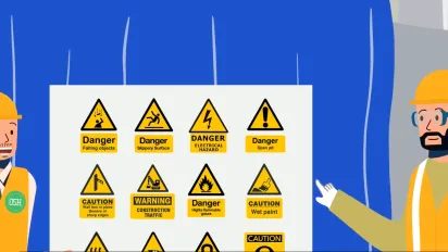 cartoon image showing two men with helmets showing safety signs