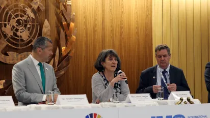 Representatives from from IMO, ILO, ICS, ITF speaking in row with a UN logo background