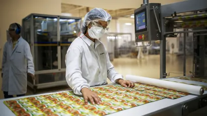 woman in a factory wearing PPE storing food items