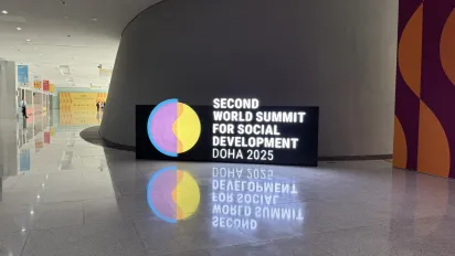 Second World Summit for Social Development banner at the Qatar National Convention Centre