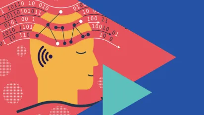 Abstract picture of a human head with binary numbers emerging from the top, blue background with a large red triangle and a smaller green trinagle.