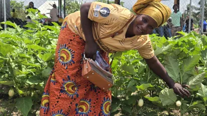 A farmer from Côte d'Ivoire at a biochar site in Beposo during a learning visit to Ghana.