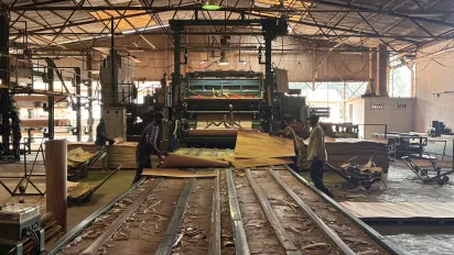 deux travailleurs dans un entrepot travaillant le bois