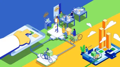 Illustration de l’écosystème de l’économie des plateformes montrant des travailleurs, des entreprises et des clients reliés par des plateformes numériques, avec des services de livraison, de restauration, de travail à distance et d’analyse de données.