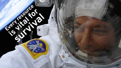 Astronaut David Saint-Jacques in space suit looking left to earth, text on image reads "Every resource is vital for survival".