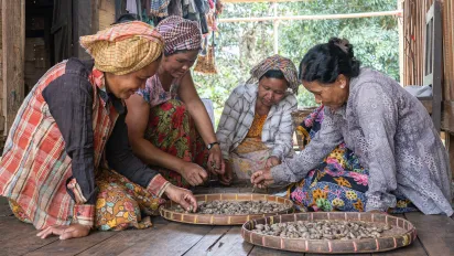 La granjera de anacardos Putuli Kheyang (derecha) está sentada con otras tres mujeres mientras seleccionan los anacardos.