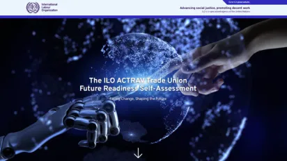 ILO ACTRAV Trade Union Future Readiness Self-Assessment artwork showing a human hand and a robotic hand reaching towards a globe.