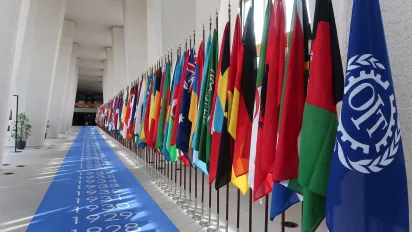 ILO headquarters colonnade with flags