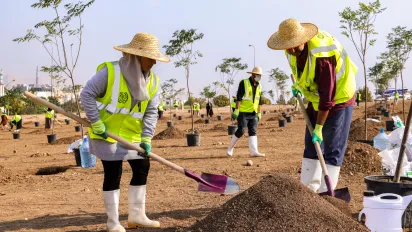a woman and a man planting a tree