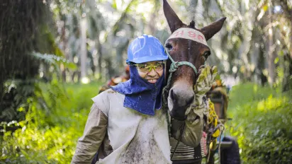 Trabajador del sector palmero junto con su burro de carga 