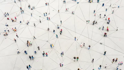 Illustration of an aerial view of people connected by threads