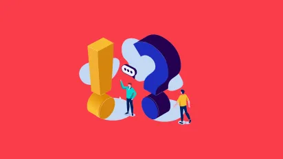 A question mark and exclamation point on a red background.