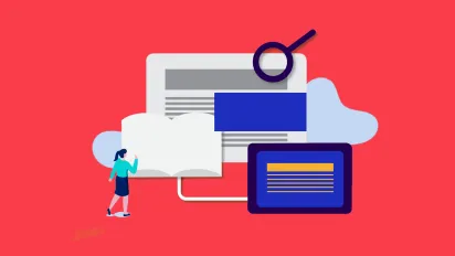 Different documents and a magnifying glass placed on a red background.