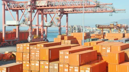 View of the harbour of the port with containers.