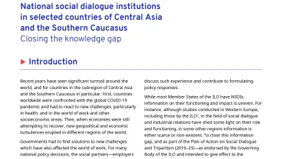 Cover page of the ILO Technical Brief "National social dialogue institutions in selected countries of Central Asia and the Southern Caucasus: Closing the knowledge gap".