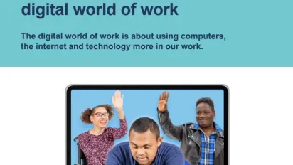 One person wearing a blue shirt in front of a laptop. Two people in the background, one wearing a pink shirt and glasses, using a wheelchair. The other wearing a blue plaid shirt and a black leather jacket.